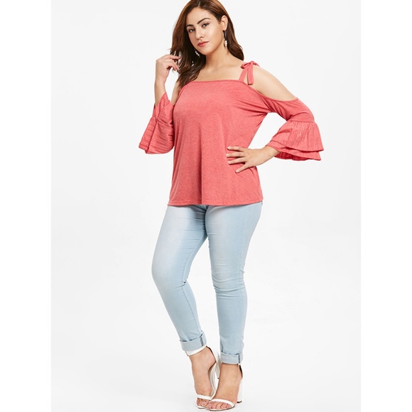 Plus Size Cold Shoulder Flounce Tee - Bean Red - Picture 3 of 8